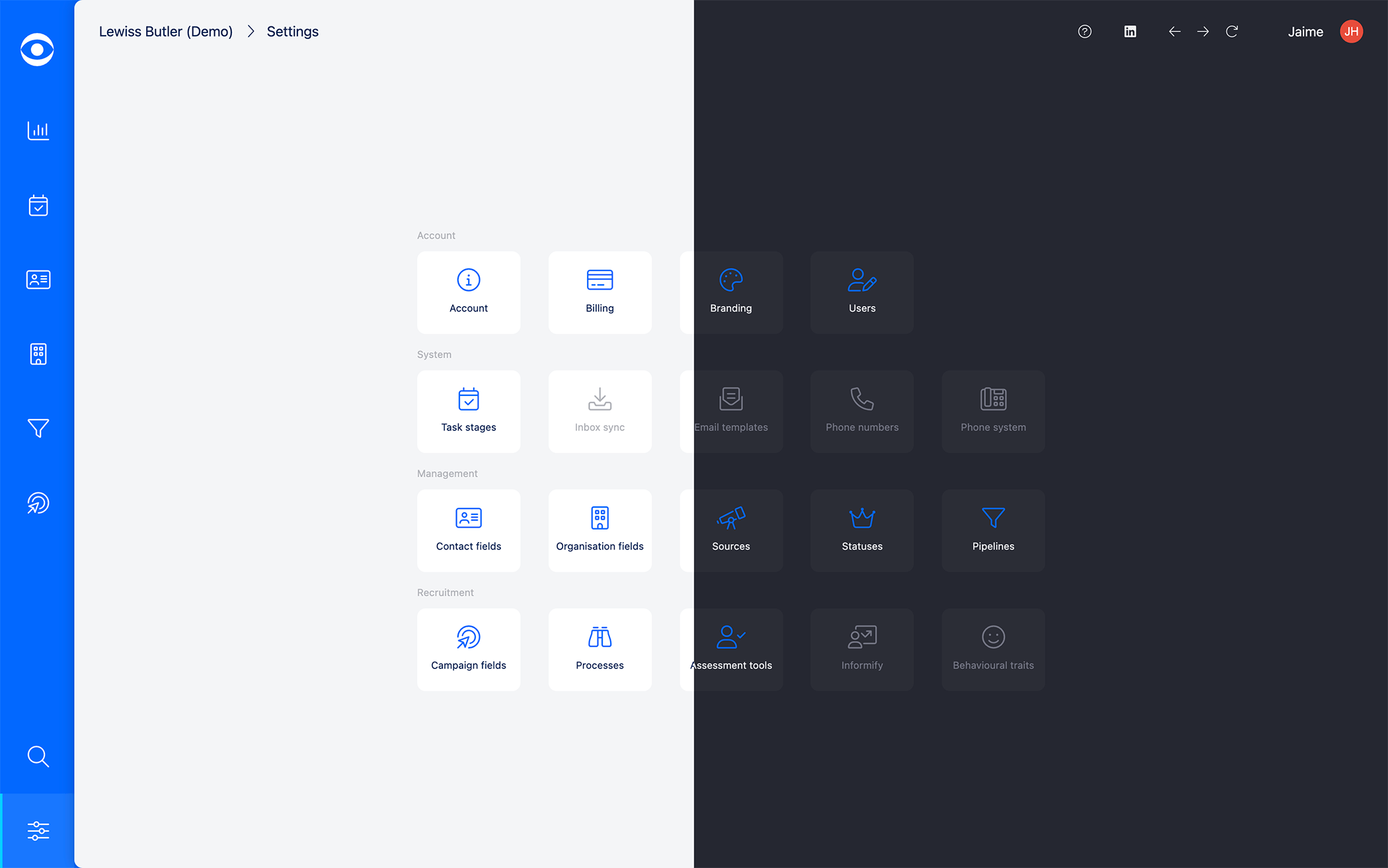 Platform settings in Hire Insight